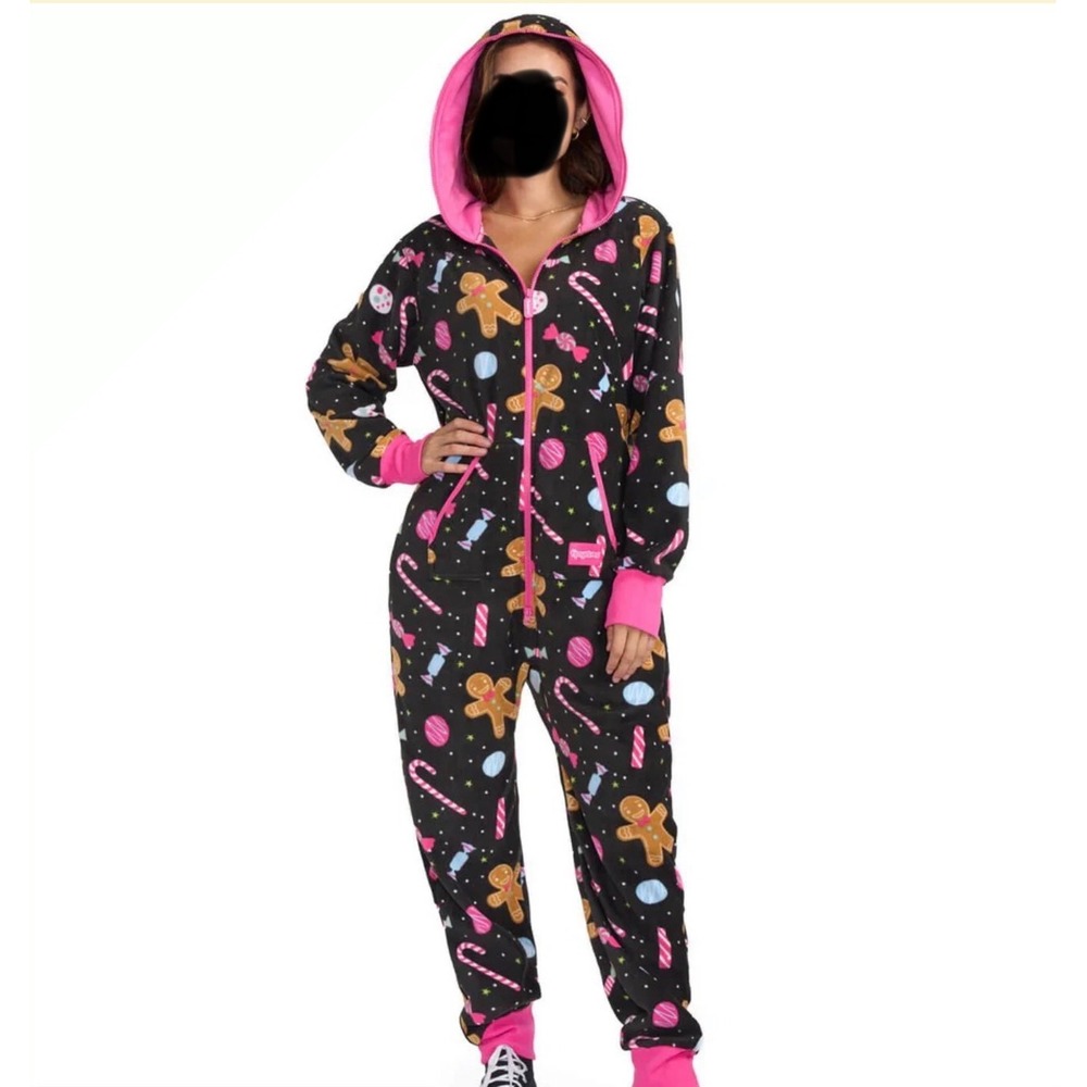 Tipsy Elves Lets Get This Gingerbread Jumpsuit Womens XS Black Pink Hooded
